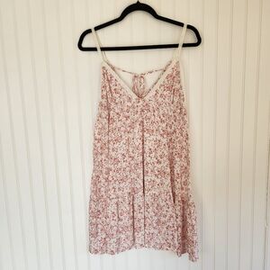 OCEAN DRIVE Pink Cream Floral Print Lace Raw Hem Boho Summer Mini Dress Small